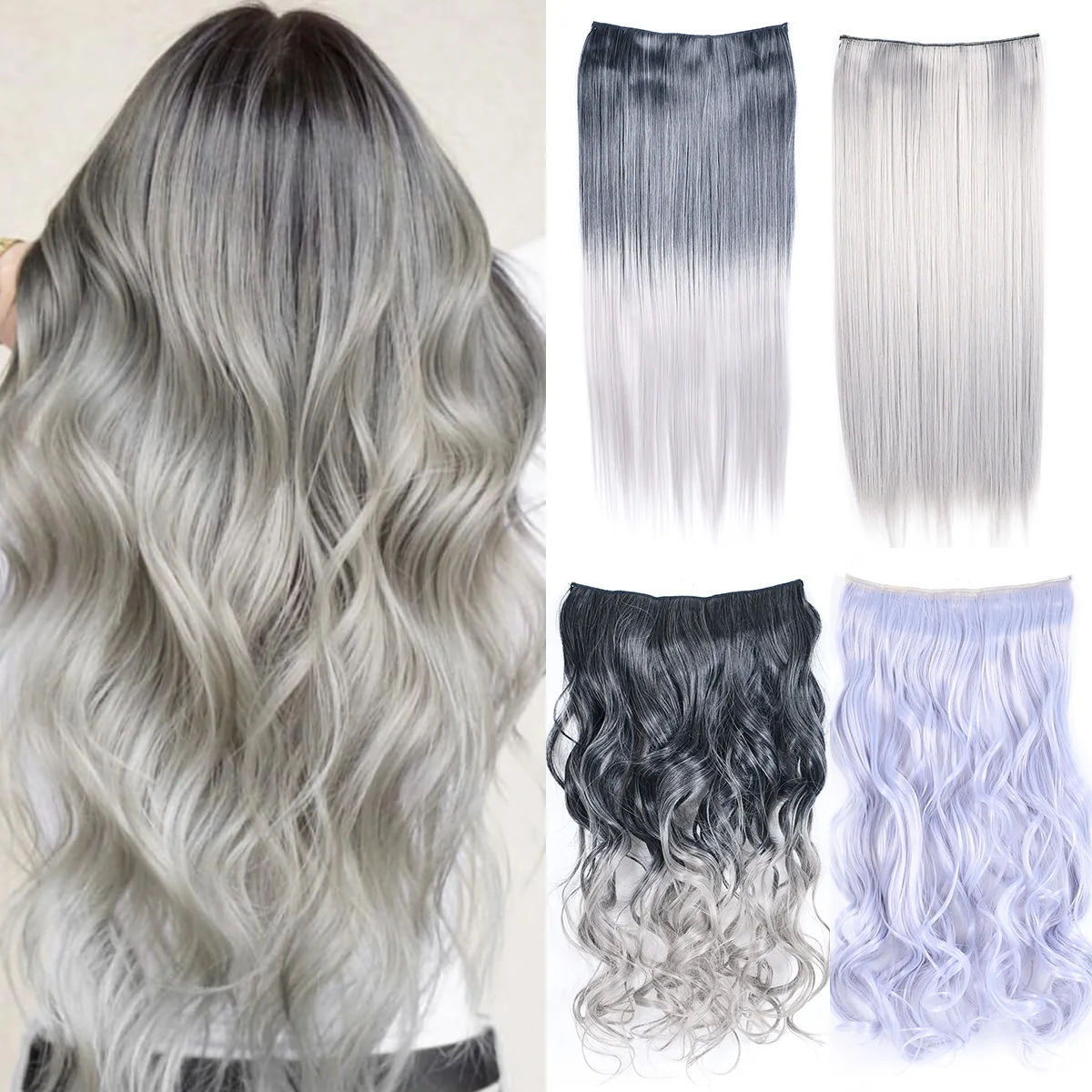 Jeedou clipe em extensões de cabelo para mulheres uma peça em linha reta & ondulado sintético natural preto cinza ombre cor cosplay postiços