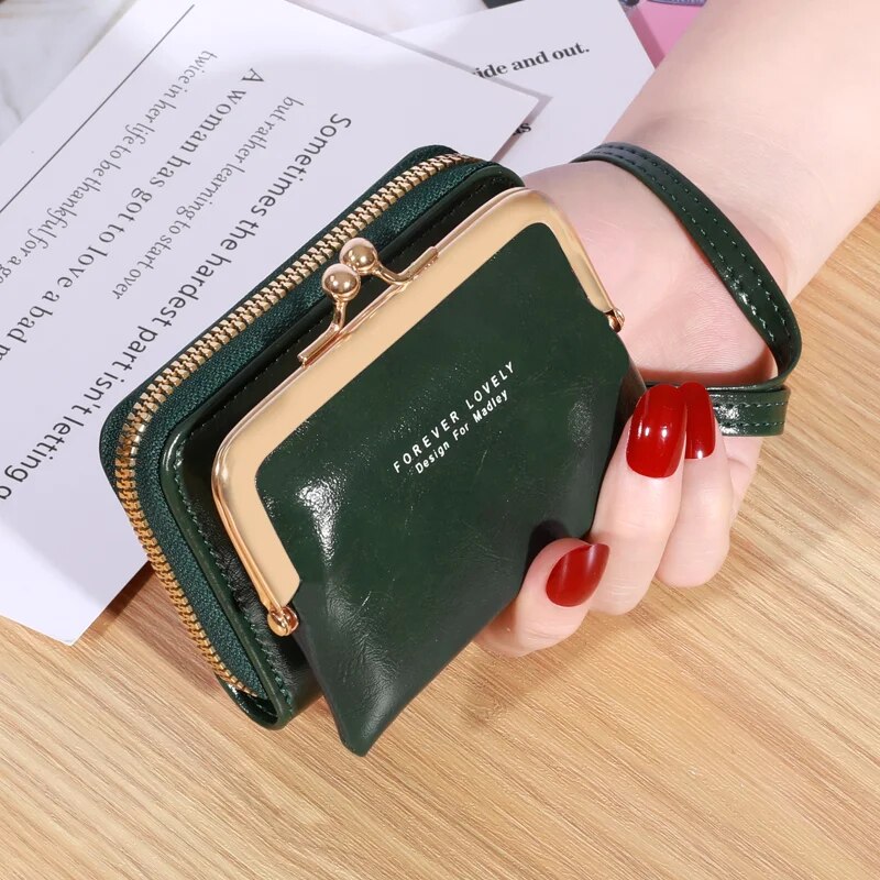 New Wallet Women's Wrist Strap Short Wax Oil Leather Zero Wallet Large Capacity Wallet Bag Letter Multi Card Card Bag Wallet