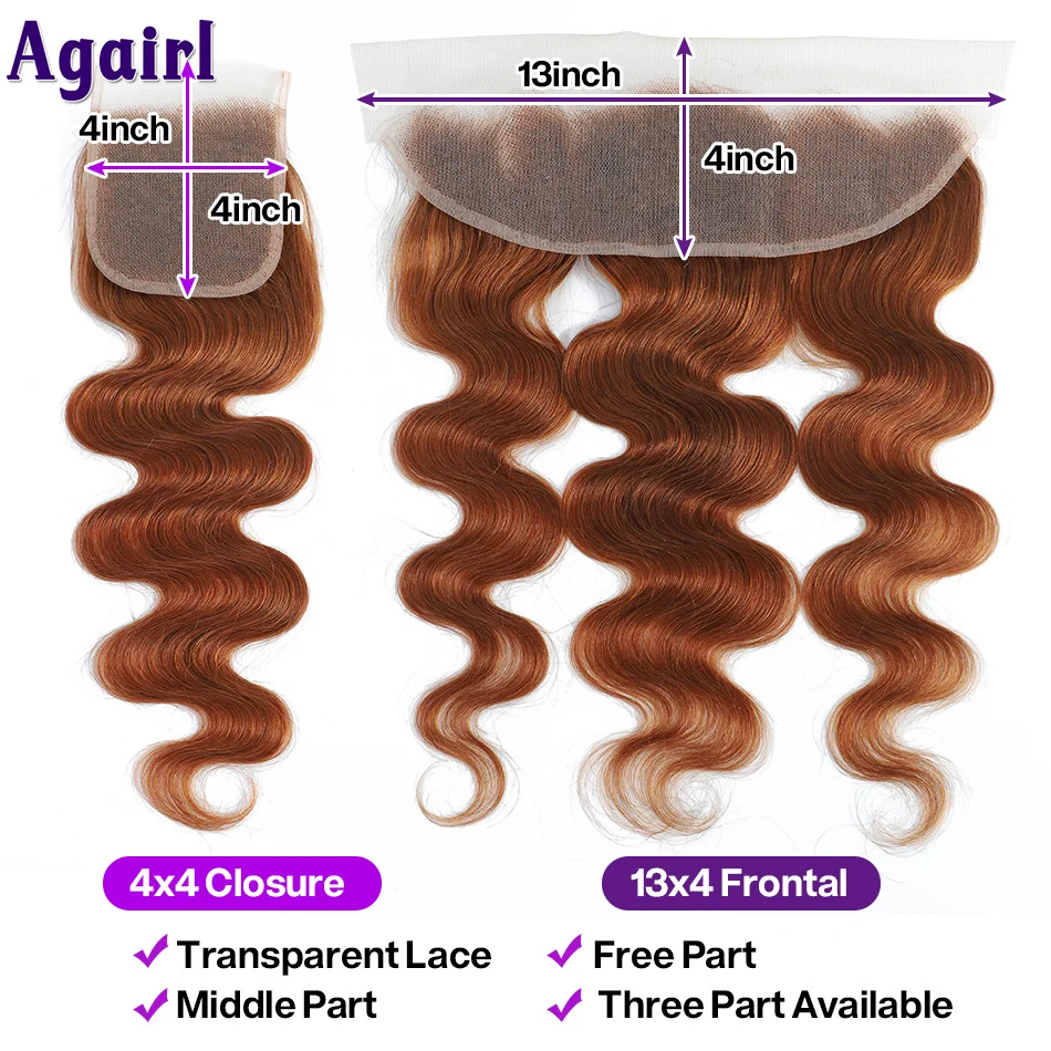 Ginger Brown Body Wave Pacotes de cabelo humano com fechamento, Remy Hair Weave Bundle com Frontal, 28 em, 30 em, 100%