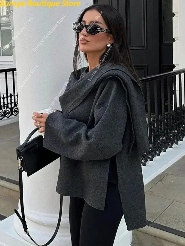 Herbst Kurze Graue Strick Mantel Jacke Damen mit Schal Frauen Mode Lange Hülse Lose Strickjacke Weibliche Winter Elegante Chic Neue