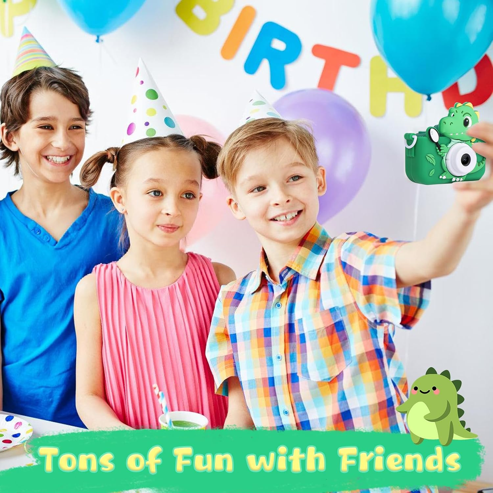 Câmeras de brinquedo infantis de dinossauro, câmera de vídeo hd 1080p, câmera dupla de 48mp com capa protetora de silicone, cartão de 32gb, presente de aniversário para meninos e meninas