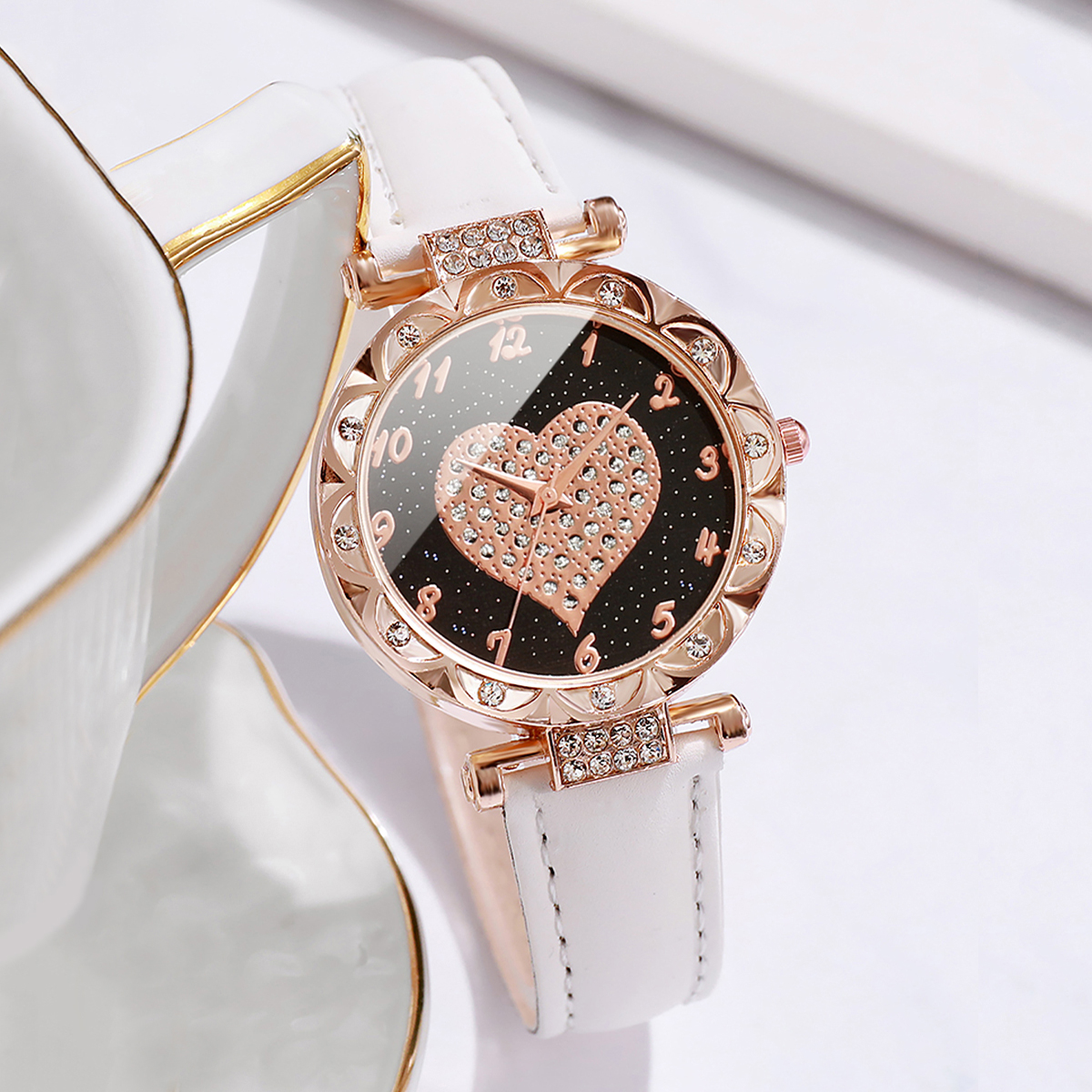 3 pçs relógios femininos moda strass coração dial relógio de quartzo feminino pulseira de couro relógios de pulso conjunto (sem caixa)