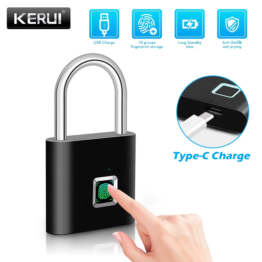 KERUI Smart vingerafdrukhangslot Waterdicht vingerafdruk sleutelloos deurslot Type C Oplaadbaar beveiligingshangslot voor huis