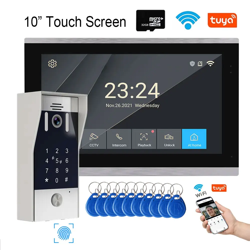 Vingerafdruk 5in1 Unlock Wifi Deurbel Video-intercomsysteem Voor Thuis Deurtelefoon Tuya Smart 1080P Touch Monitor Beveiliging beschermen