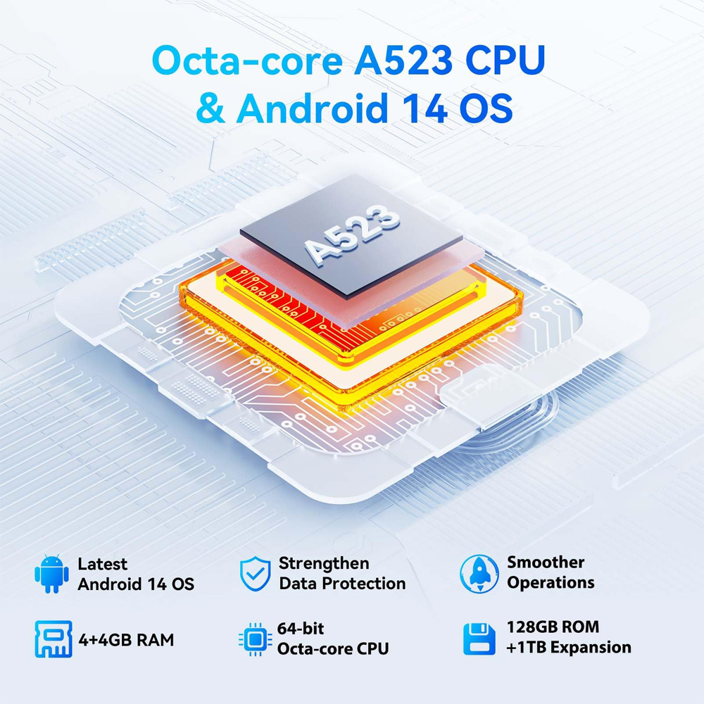 Tablette Android 14 CWOWDEFU, 10,1 pouces, Octa-core 8 Go de RAM 128 Go de ROM, 6000 mAh, Type-C, certifiée Google, Wifi6, caméras 5MP + 8MP, tablette PC
