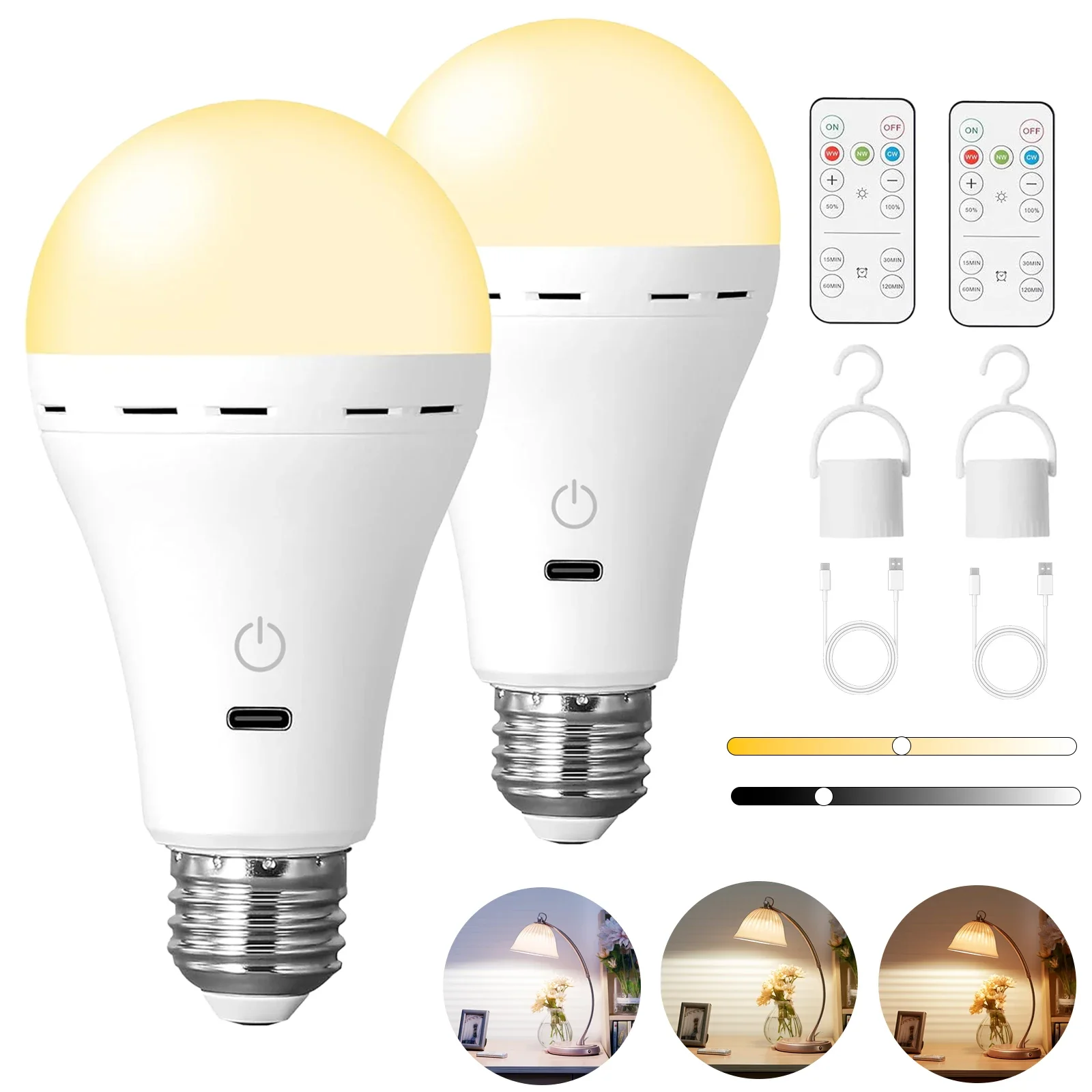 Żarówka LED USB 3/RGB, ładowalna, inteligentna, ściemnialna, E27, z timerem, bezprzewodowa, zasilana bateryjnie.