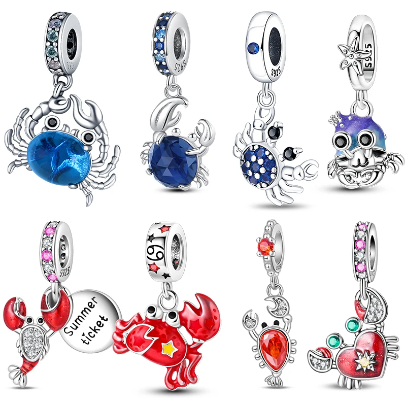 Original 925 prata esterlina encantos contas caranguejo azul lagosta vermelha encantos pingente para mulheres finas diy pulseira jóias presentes