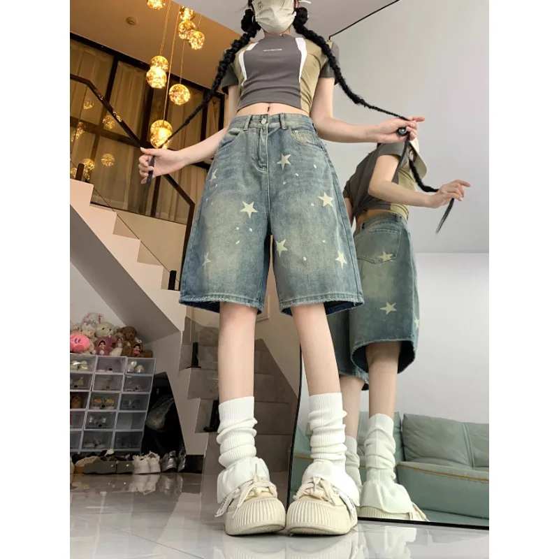 Jean ample à jambes larges pour femmes, imprimé Floral, décontracté, nouveau Design étoile rétro américain, jambe droite, confort, short en Denim doux et extensible
