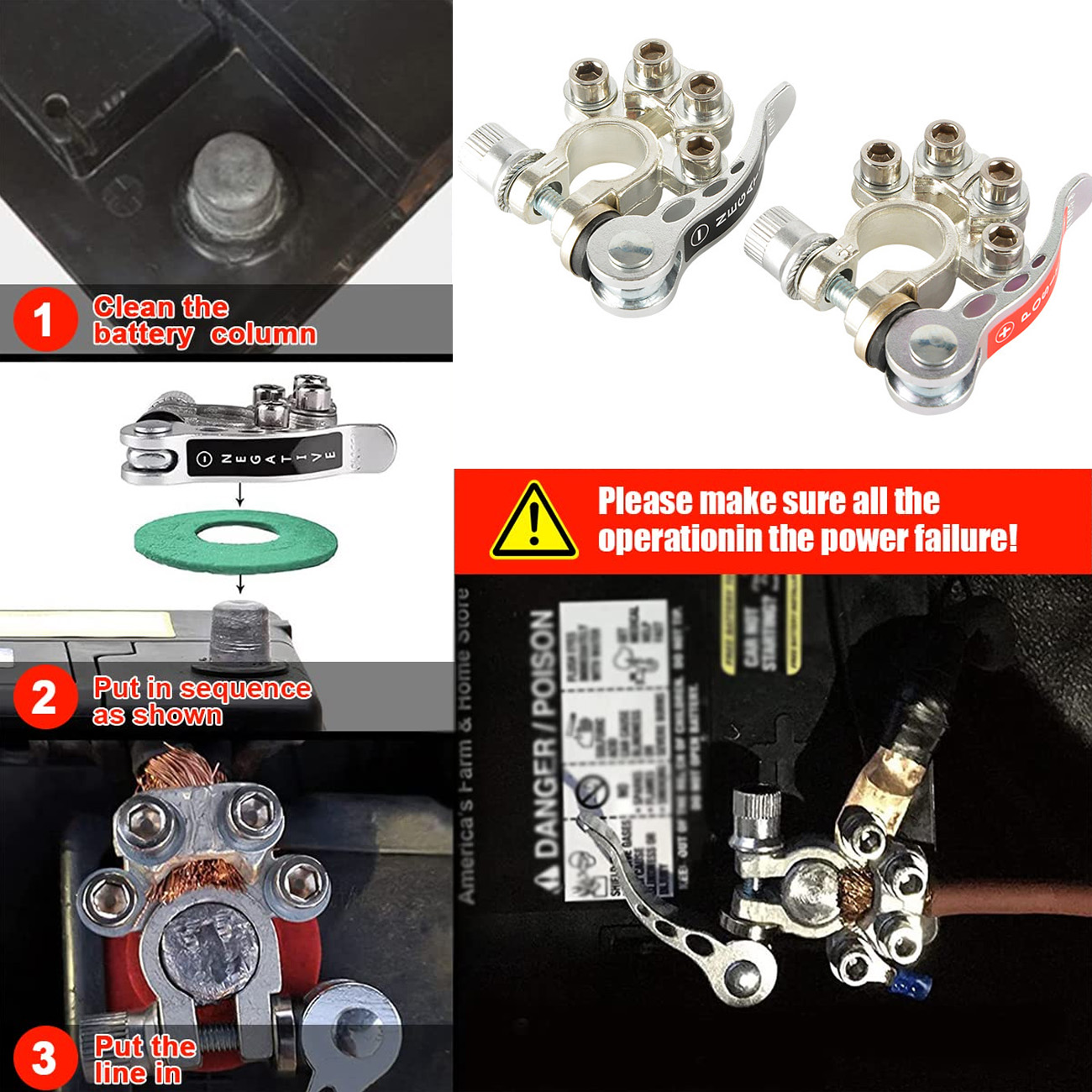 2PCS Batterie Terminal Anschlüsse Quick Release Trennen Batterie Terminals Positive Negative Batterie Kabel Enden für SAE/JIS