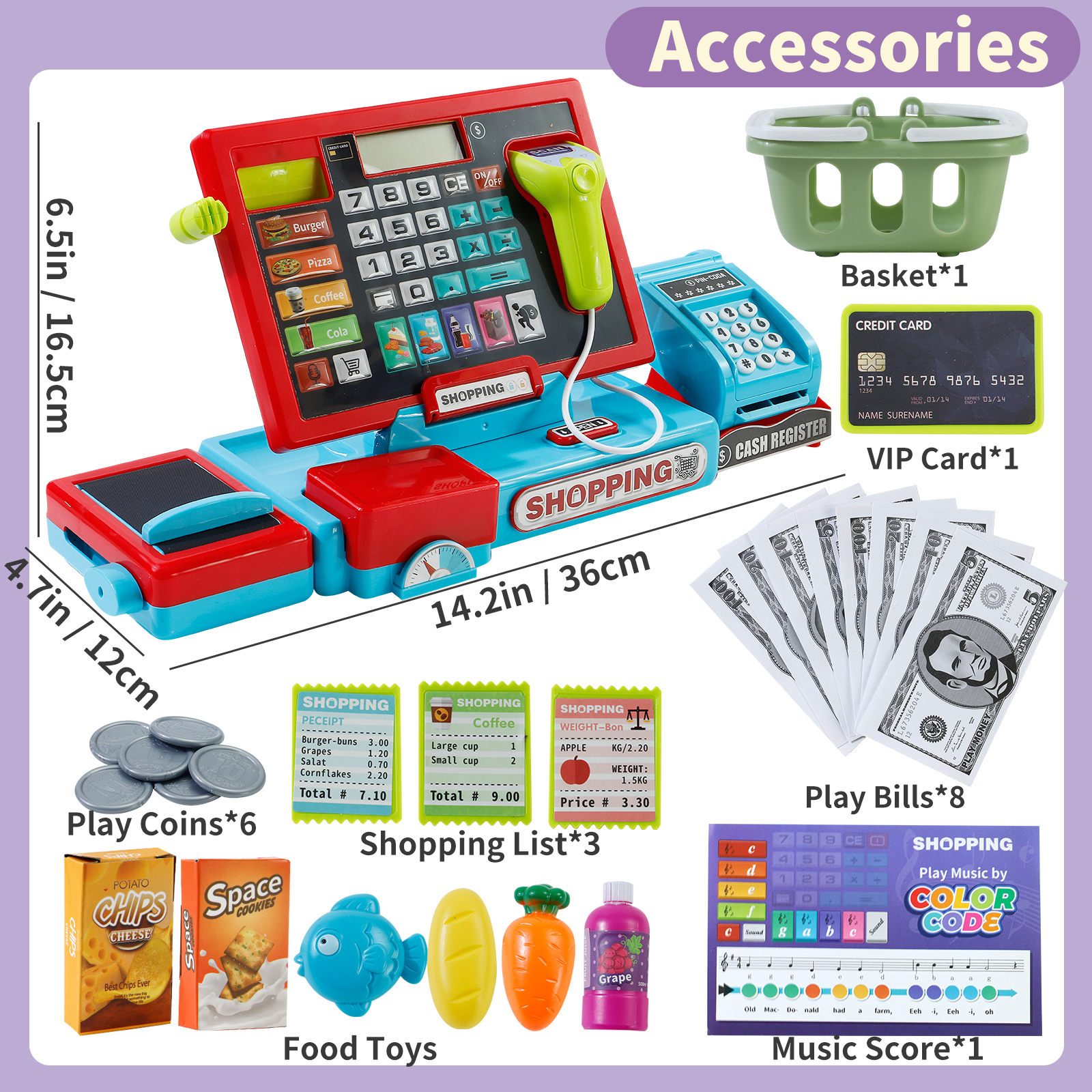 Shopping Cash Register Playset with Real Calculator, Pretend Play Store, Learning Toy, Christmas/Halloween/New Year Gift
