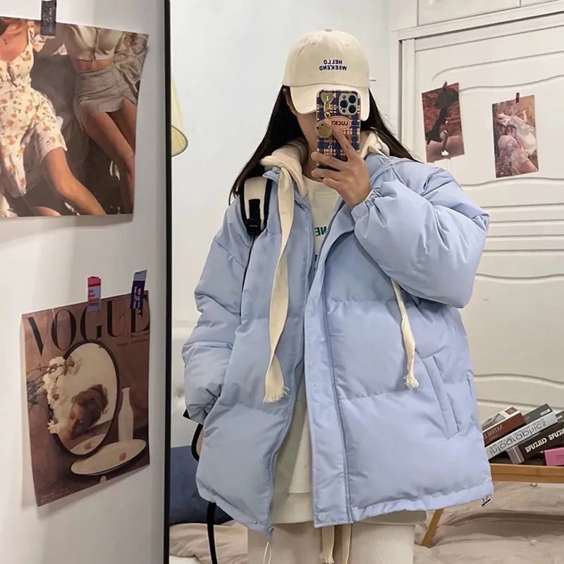 Inverno jaqueta curta mulher parkas 2025 grosso quente emendado com capuz parka oversized moda coreana solto algodão acolchoado outerwear