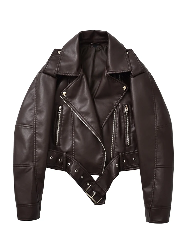 Ailegogo nova primavera outono feminino vintage cinto solto jaqueta de couro falso streetwear feminino retro moto biker casaco outwear