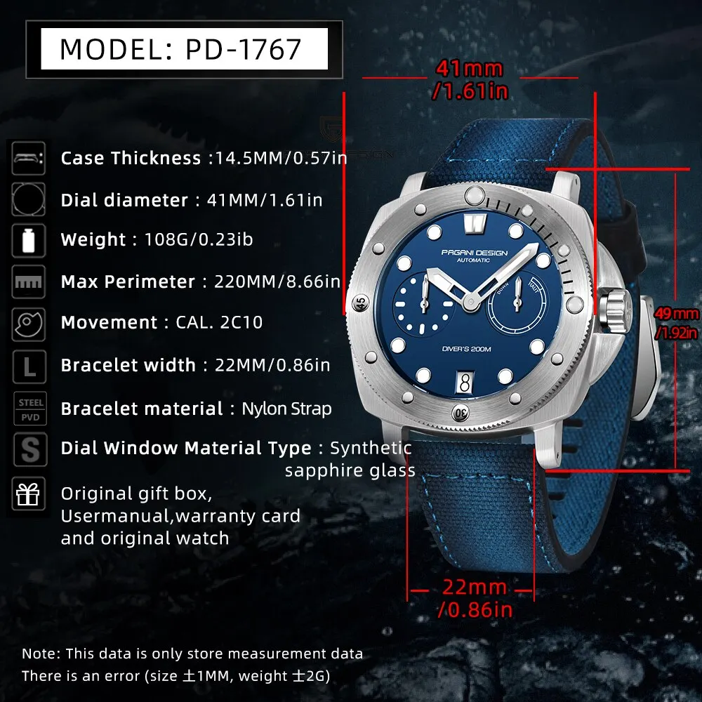 PAGANI Ontwerp Nieuwe Mannen Automatische Mechanische Horloges Duikhorloge Voor Topmerk Luxe 200M Waterdicht AR Saffier Horloge voor mannen
