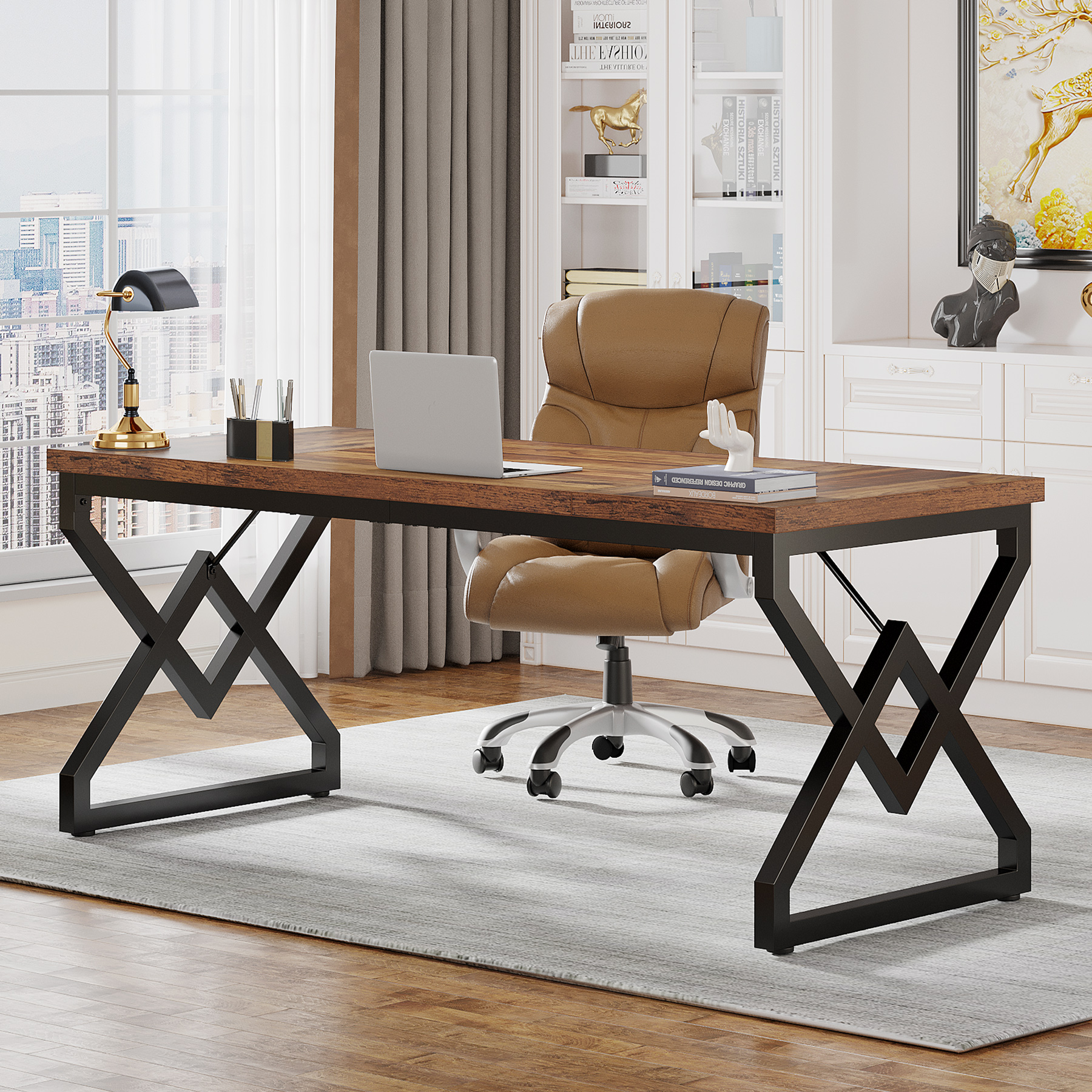 Tribesigns directiebureau, bureau met extra verdikt houten tafelblad en metalen frame, groot computerbureau van 63 inch