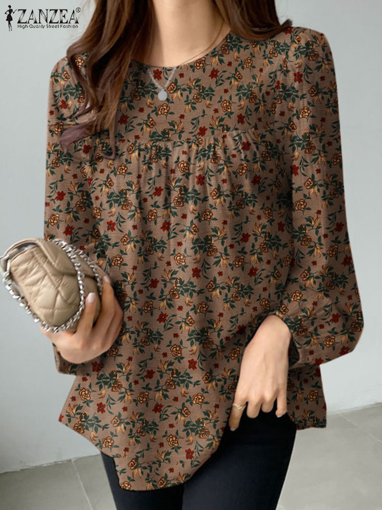 2024 ZANZEA 女性花柄プリントブラウスボヘミアンホリデートップスヴィンテージ長袖ワークシャツカジュアルコットンシュミーズ女性 Blusas