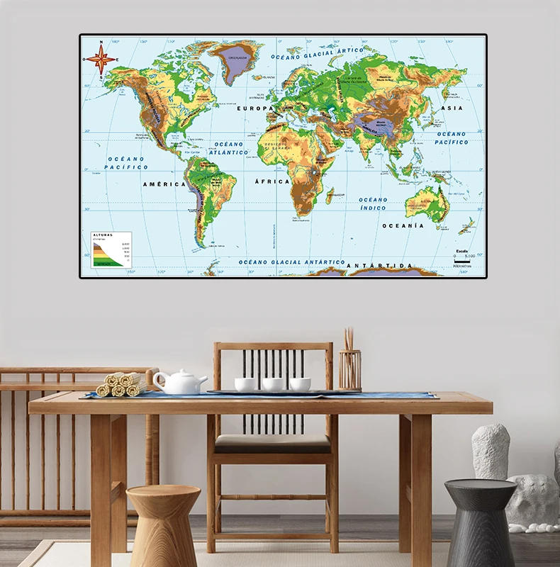 150*100Cm Trong Tiếng Tây Ban Nha Trong Thế Giới Orographic Và Cao Độ Bản Đồ Không Dệt Tranh Canvas Trang Treo Tường trang Trí Nhà Văn Phòng