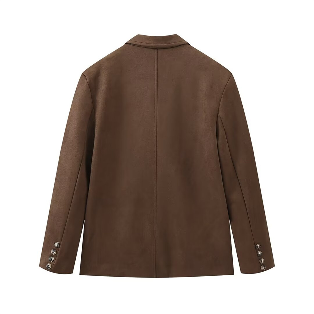 Vintage หนังนิ่มสีน้ําตาลแจ็คเก็ตผู้หญิงฤดูใบไม้ร่วงฤดูหนาวแขนยาว Single Breasted กระเป๋า Blazer Coat หลวมเดินทาง Tops