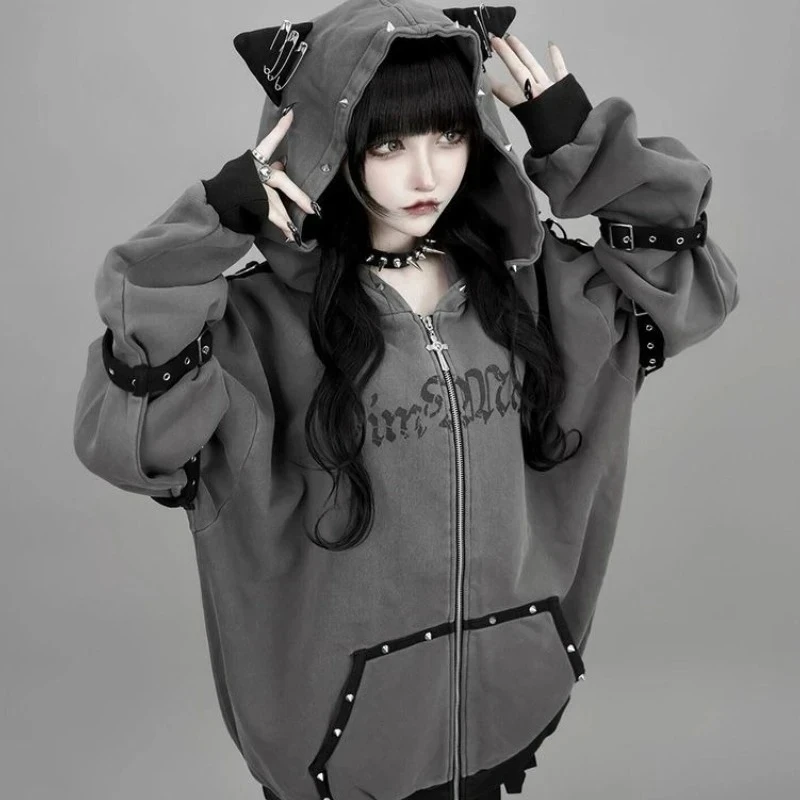 Moda coreana sweatshirts harajuku gótico impresso casacos jaquetas subcultura vintage pele do falso com capuz feminino casual roupas y2k