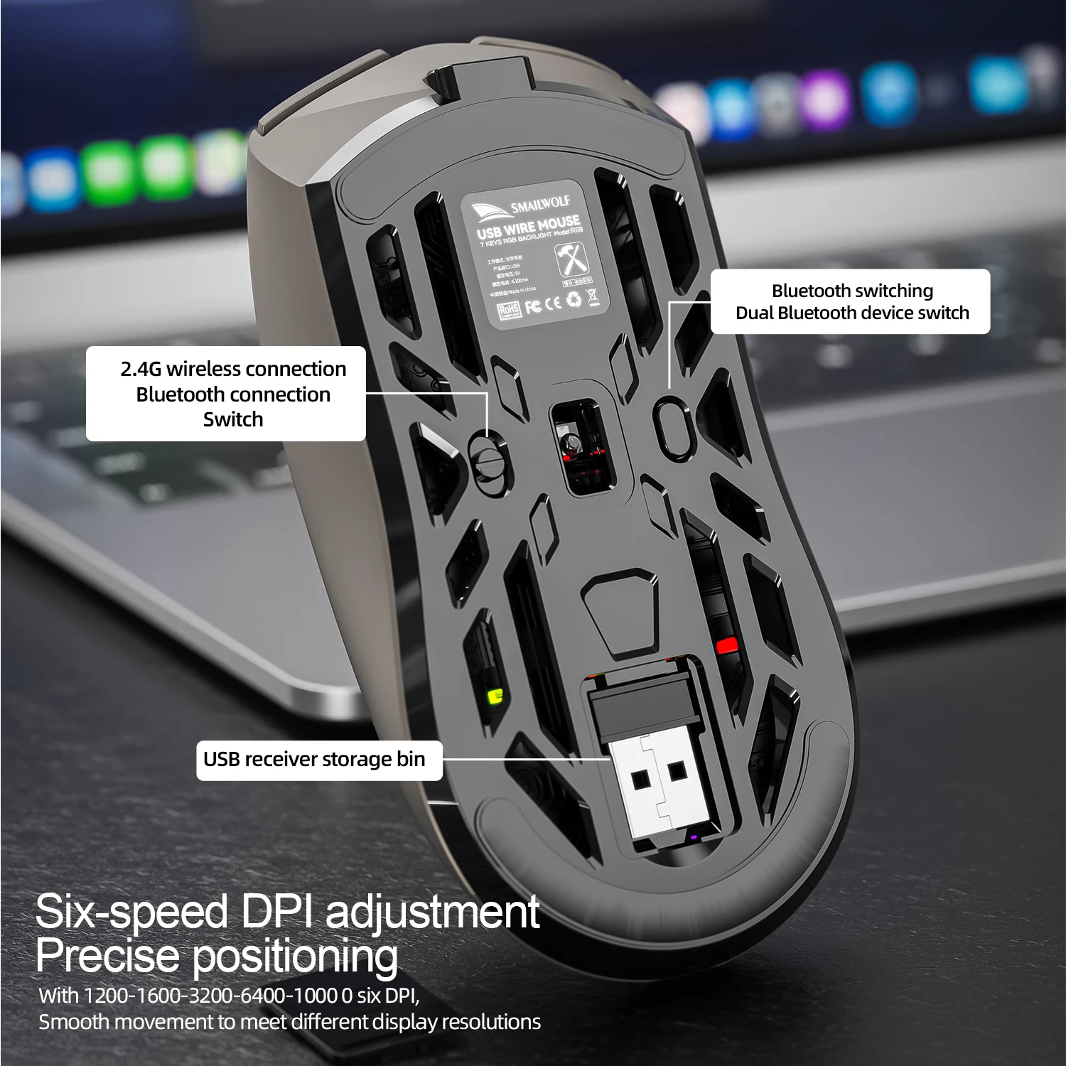 Souris Bluetooth SMAILWOLF RS8 1000Hz, 10000dpi, connexion à trois modes, souris de jeu macro légère pour ordinateur portable