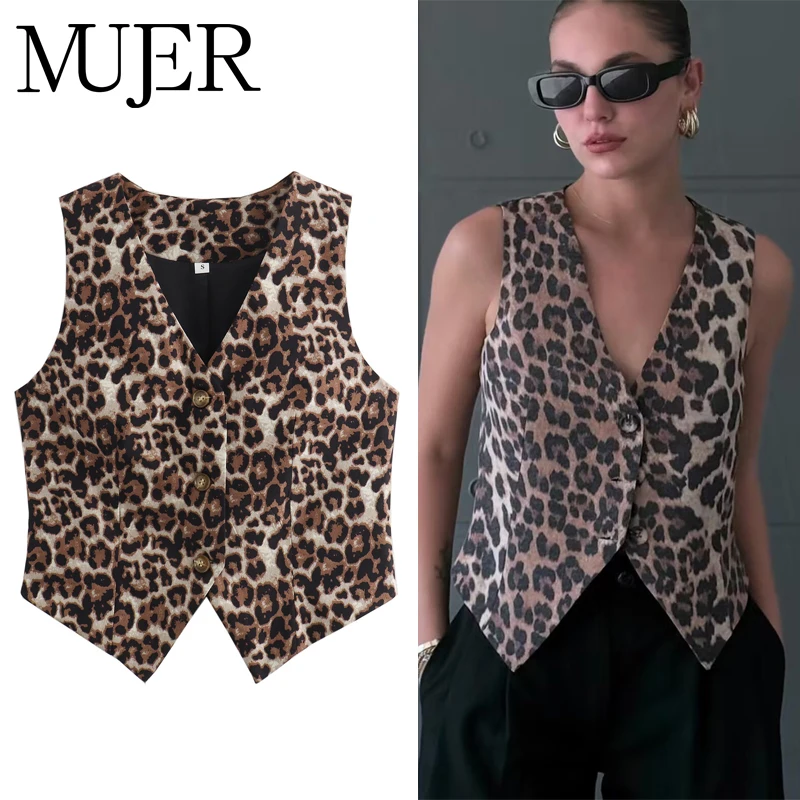 Muyer leopardo impressão coletes para mulher colete recortado sem mangas mulher moda jaqueta curta feminina streetwear casacos femininos