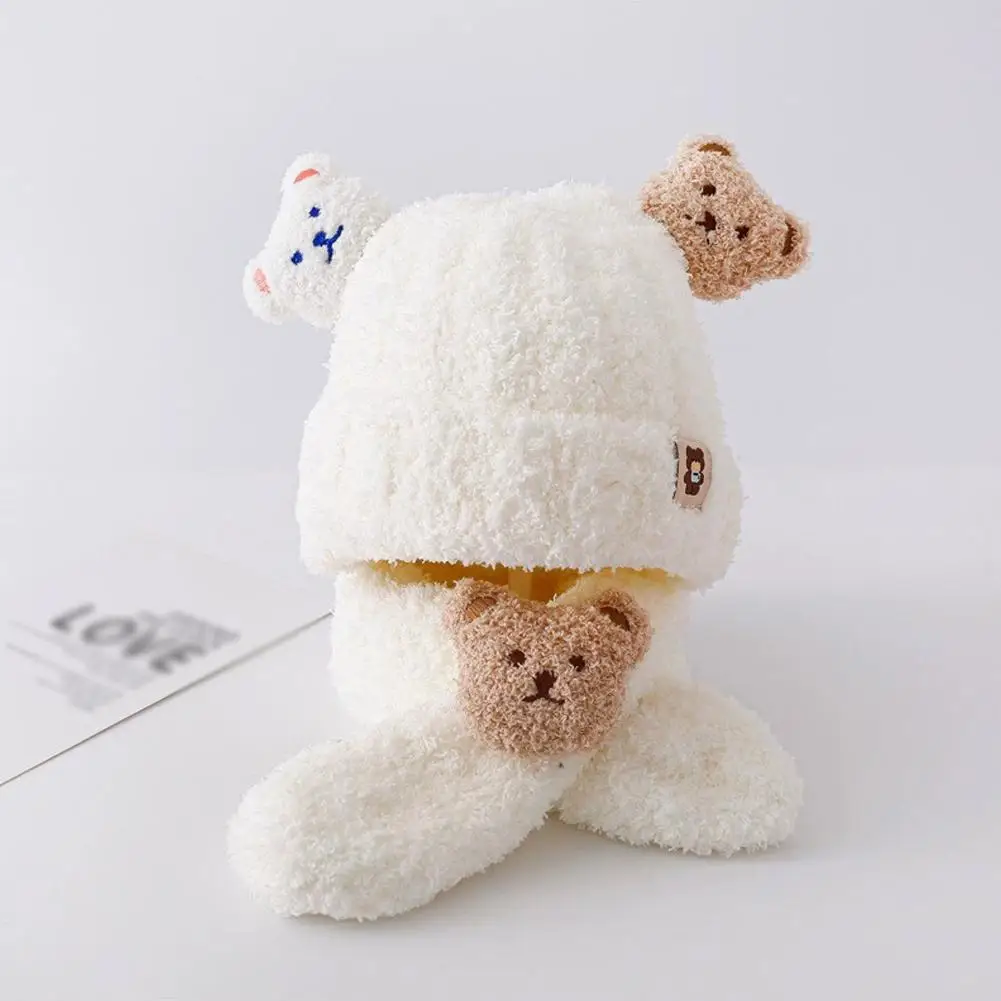 Conjunto de cachecol e chapéu de inverno de urso fofo para crianças de 3 meses a 1,5 anos de lã grossa com capuz e caveira, roupa quente para crianças