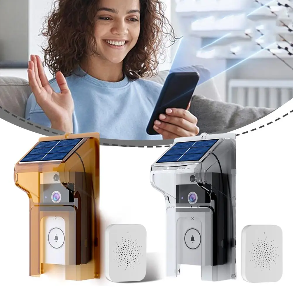 Campainha de vídeo sem fio HD movida a energia solar com capa de chuva Visão noturna infravermelha Detecção de movimento inteligente Intercomunicador bidirecional