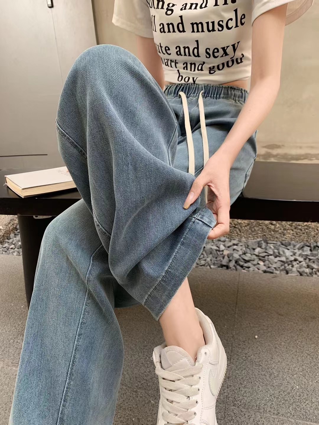 Jeans curvo de seda feminino, cintura alta, solto, perna larga, lavado, verão