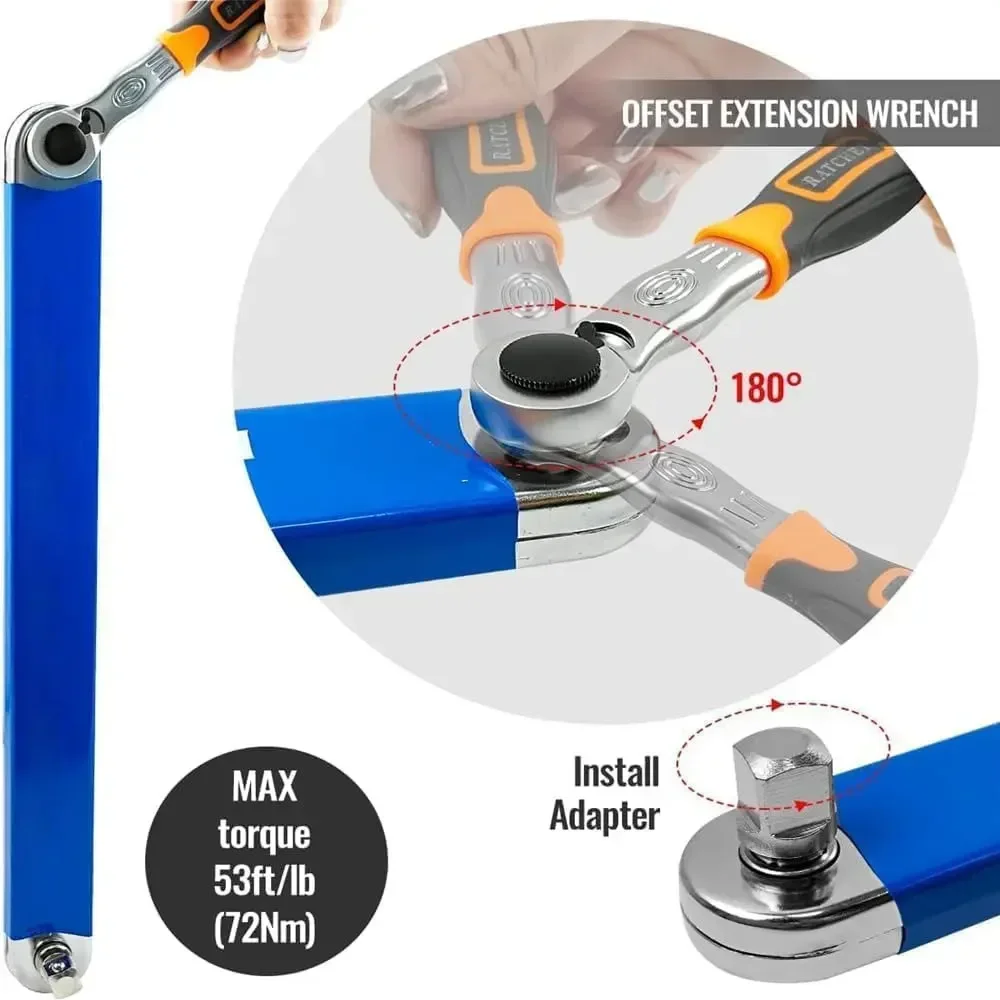 Offset Extension Wrench Ratchet Wrench Wrench With 1/2", 1/4" And 3/8" Square Drive Adapters Zero Degree Tool For Car Amagi
