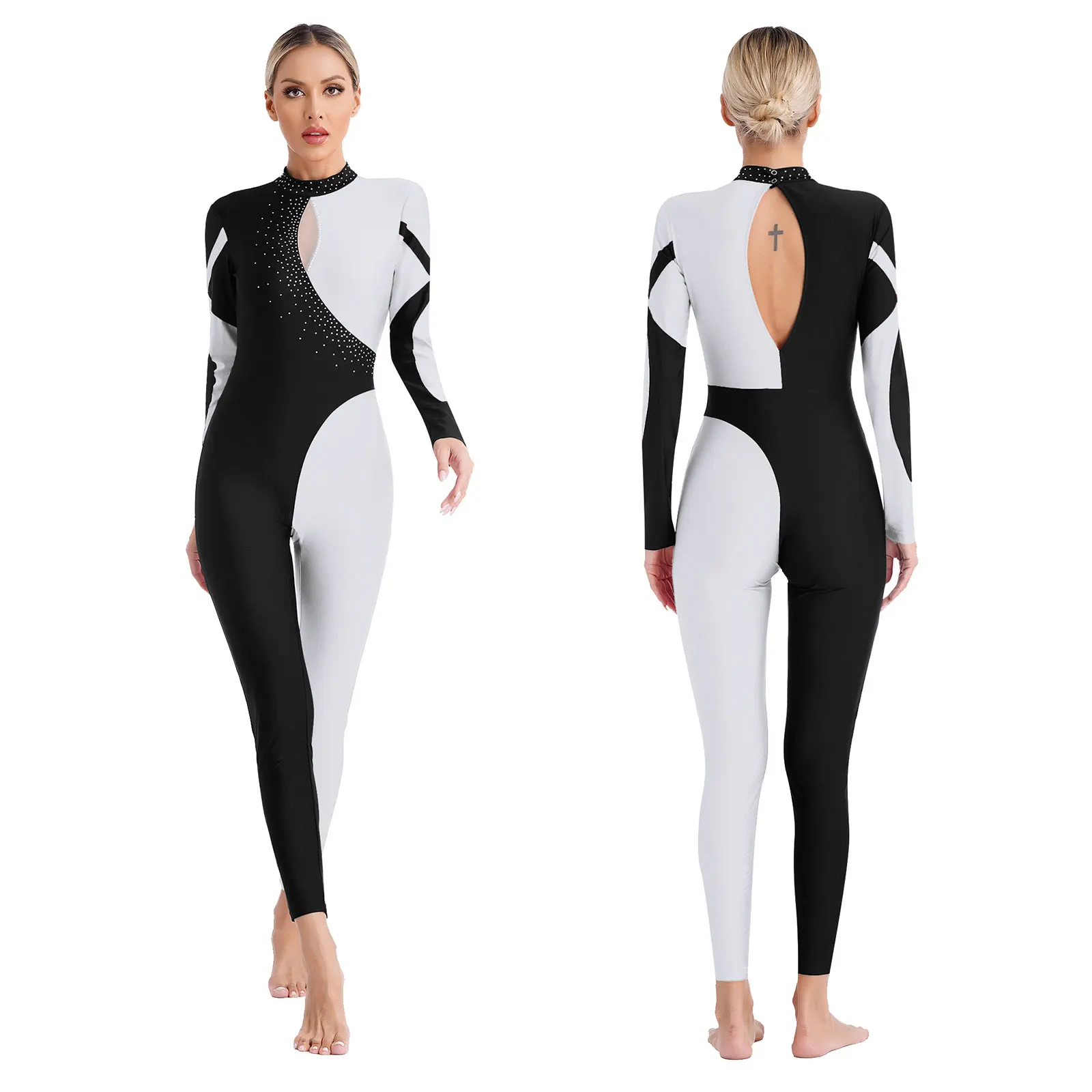 Damen Ballett Tanz Gymnastik Trikots Eiskunstlauf Akrobatik Performance Kostüm Langarm Strass Overall Body