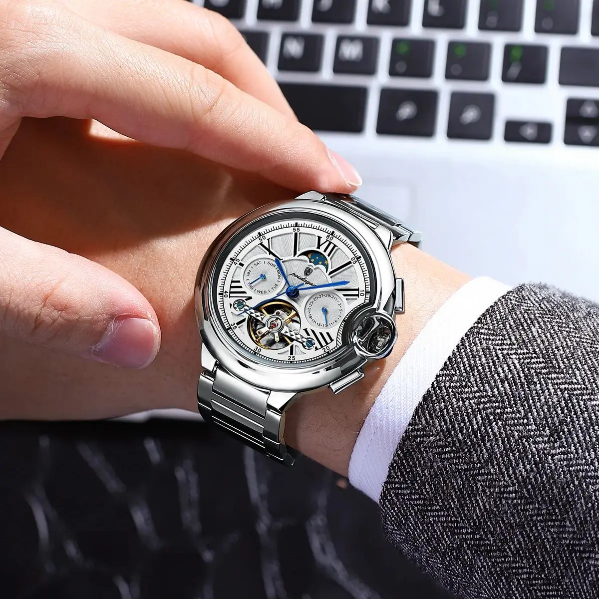 Reloj POEDAGAR de lujo para hombre, Tourbillon hueco, reloj mecánico automático para hombre, relojes impermeables con fecha y semana de acero inoxidable para hombre