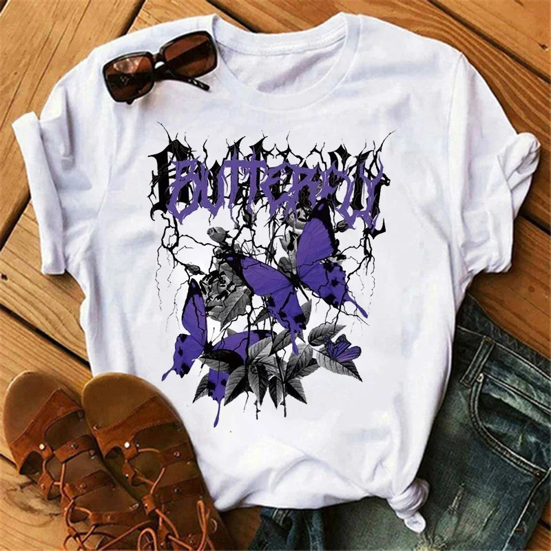女性用ゴシックバタフライツリープリントTシャツ,ラウンドネックトップ,半袖,カジュアル,夏,原宿