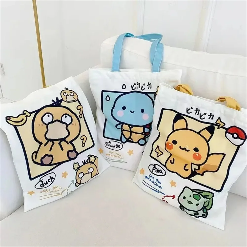 Anime Pokemon Pikachu Canvas Schoudertassen Psyduck Squirtle Dames Casual Handtas Herbruikbare Grote Capaciteit Vrouwen Boodschappentas