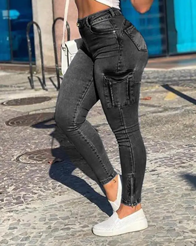 Pantalones vaqueros para mujer, novedad de verano 20220, moda de Color sólido, bolsillo abotonado, diseño de cremallera, cintura alta, pantalones vaqueros ajustados informales para uso diario