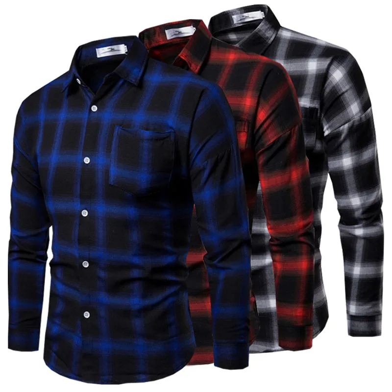 1pcs Spring Autumn Men Long Sleeve Grid Shirt Man Thin Shirt Male Fashion Classic Basic Casual Shirt Coat Men's Slim Tops M-3XL