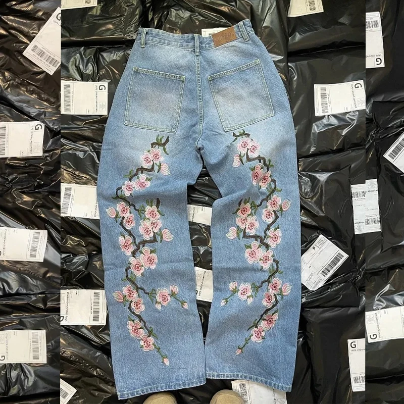 Y2K jeans hombres Harajuku estampado de flor de cerezo pantalones vaqueros Hip Hop vintage hombres mujeres gótico Casual pantalones de pierna ancha streetwear