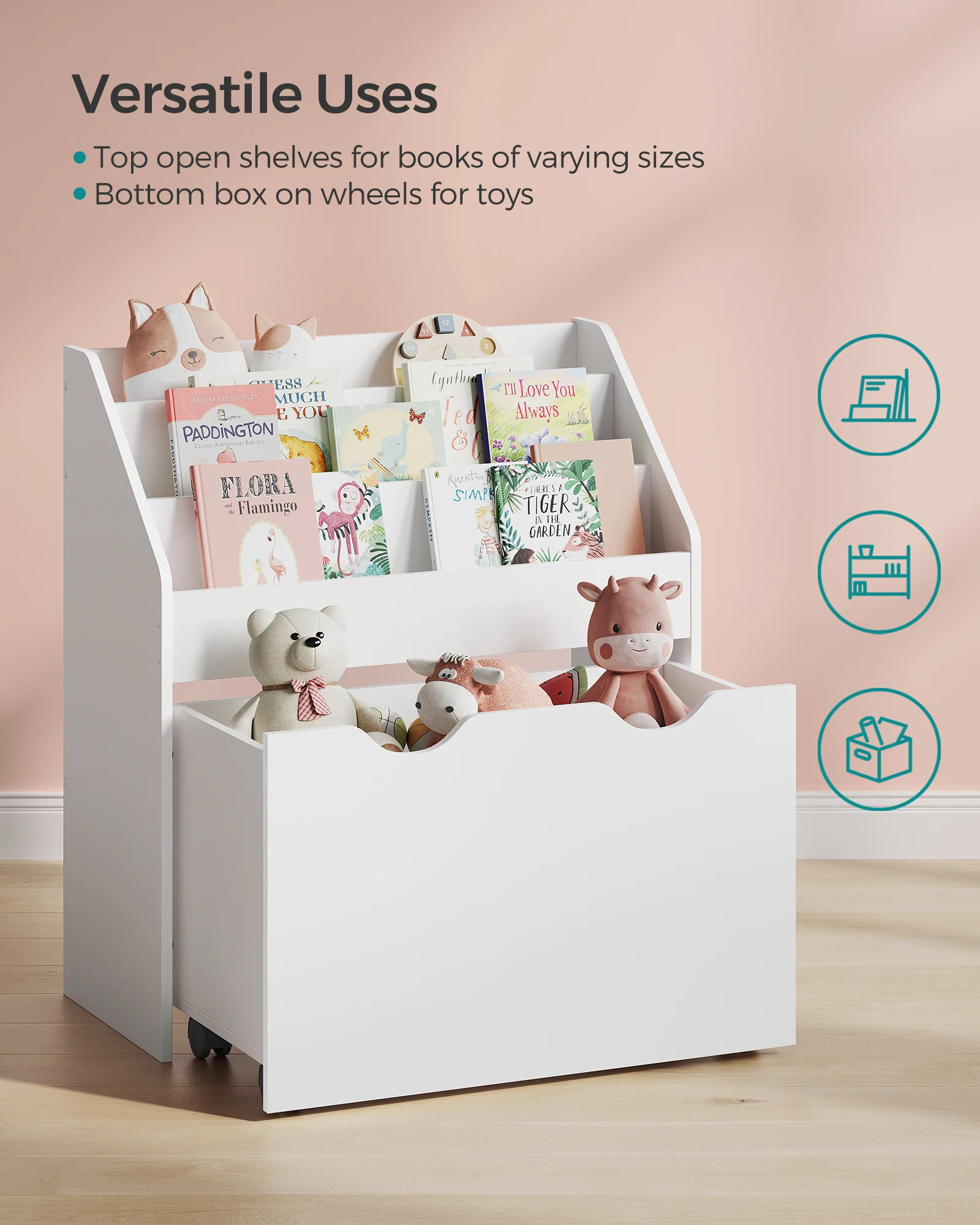 SONGMICS Kids Bookshelf and Toy Organizer, Toy Storage Chest and Bookcase with 3 Shelves, Storage Box with Wheels, Multipurpose