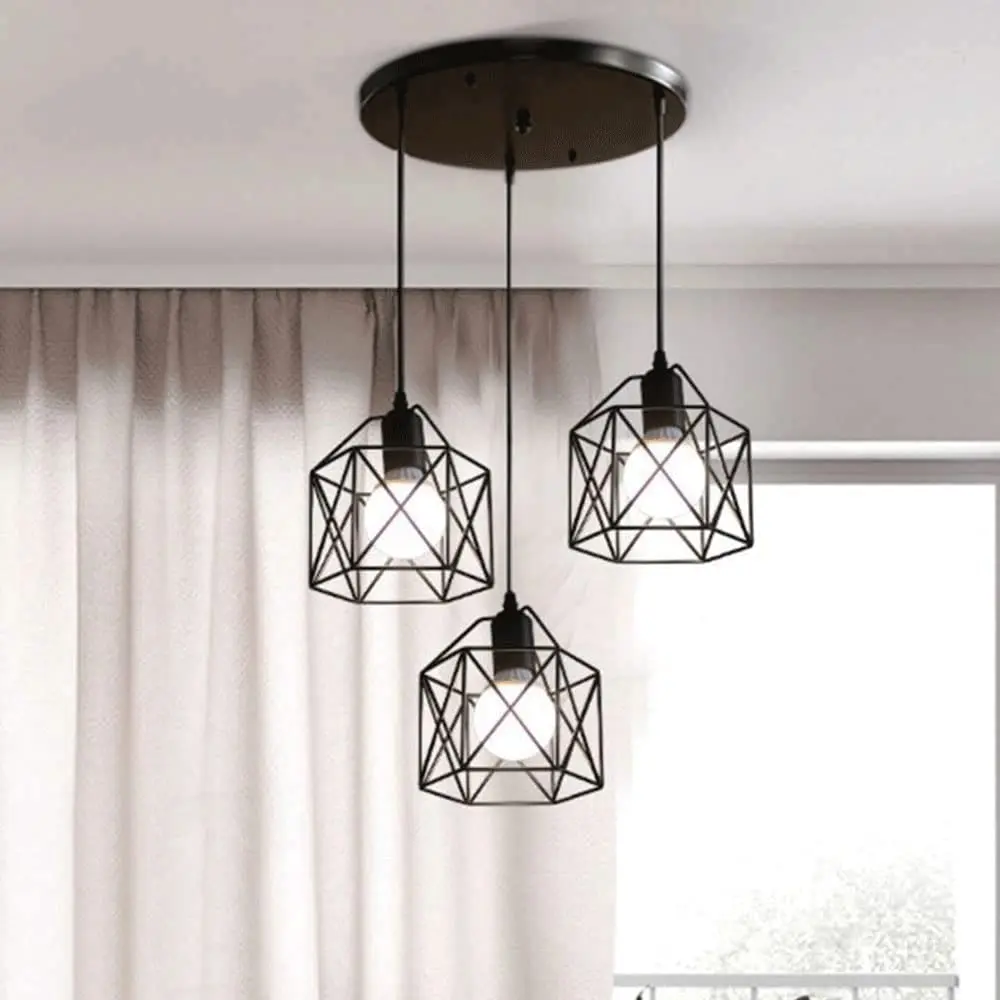 Luminária pendente vintage com 3 cabeças, lustre de teto com sombra de metal e27 preto, adequado para sala de estar, sala de jantar