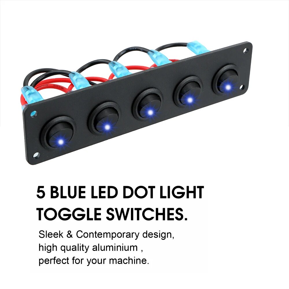 ラウンドダッシュロッカートグルスイッチパネル 12-24V 5 ギャングインテリアパーツ RV ボートヨット MarineCar マリン防水ブルー LED