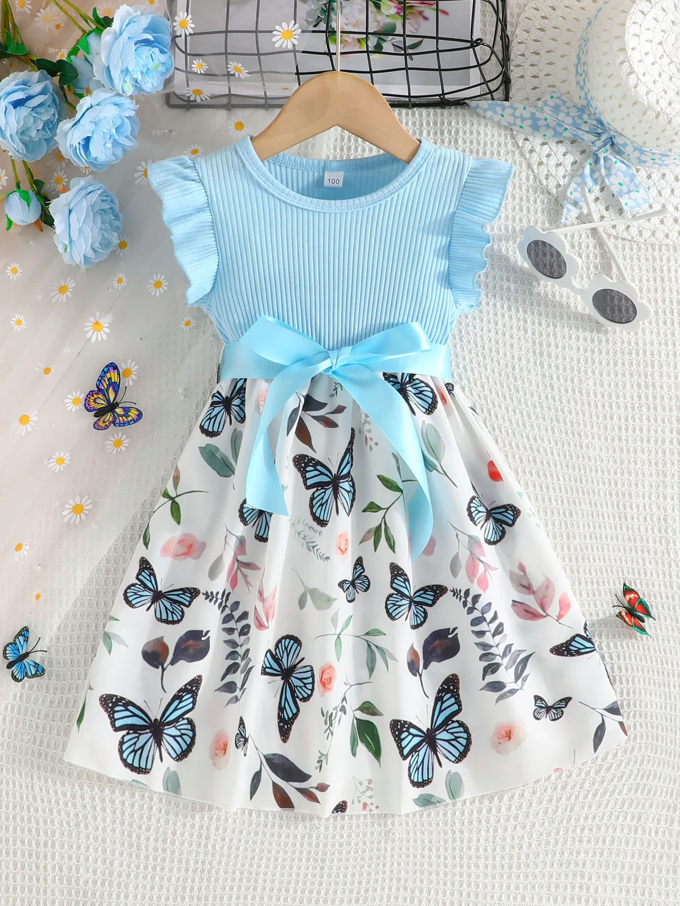 ชุดสําหรับเด็กผู้หญิง 3-7 ปี Ruffled แขนผีเสื้อดอกไม้ Tulle น่ารักเจ้าหญิงอย่างเป็นทางการกับเข็มขัด Ootd สําหรับเด็กผู้หญิง