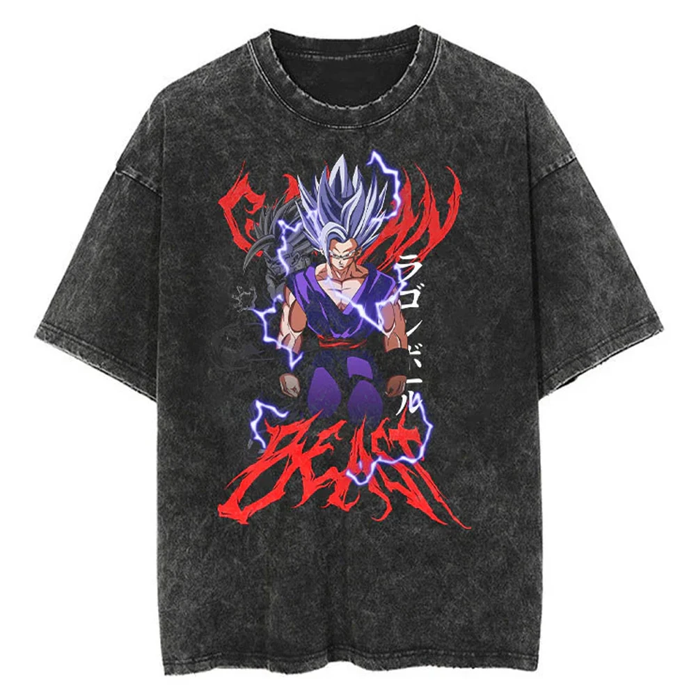 2024 Men Washed Tshirt Fashion Vintage Japanese Anime Dragon Ball Print Oversize T-Shirt Streetwear Hip Hop Harajuku Cotton Tees