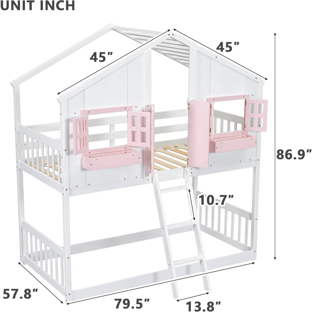 Floor House Bunk Bed with Roof and Window,Built-in Storage Box,Wooden Guardrails with Door/Ladder,Low Bunker Bed Twin Over Twin