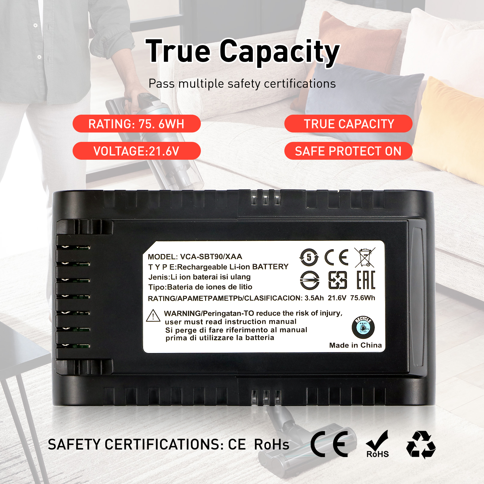 21.6V 3500mAh Replacement Vacuum Cleaner Li-ion Battery for Samsung Jet 90/Jet 75 Pet/Jet 75 Cordless Stick Vacuum VCA-SBT90/XAA