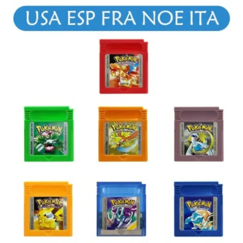 16-битная игровая консоль с картриджем для видеоигр серии Pokemon, зеленая, серебряная, желтая, красная, синяя, Хрустальная, золотая, многоязычная