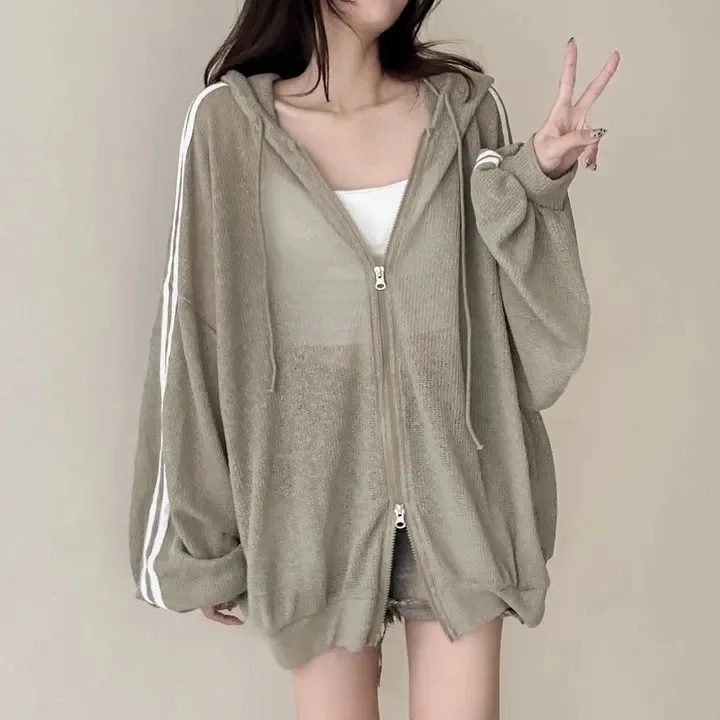 Mulheres jaqueta de linho fino moda senhoras outerwear branco protetor solar roupas retro solto manga longa feminino malha cardigan 2025