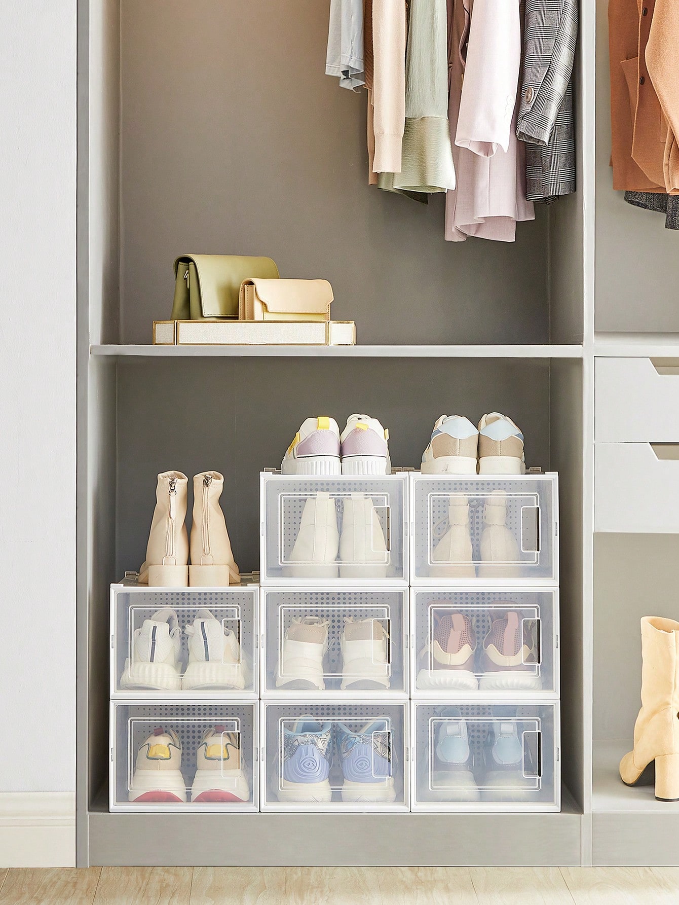 SONGMICS Schuhboxen, 8er Set, Schuh-Organizer aus Kunststoff, faltbar und stapelbar, für Schuhe bis Größe 46