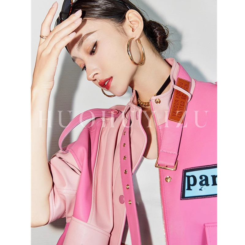 Casaco de couro de carneiro feminino com gola alta, jaqueta curta casual, tops soltos, couro genuíno, moda senhora, primavera e outono