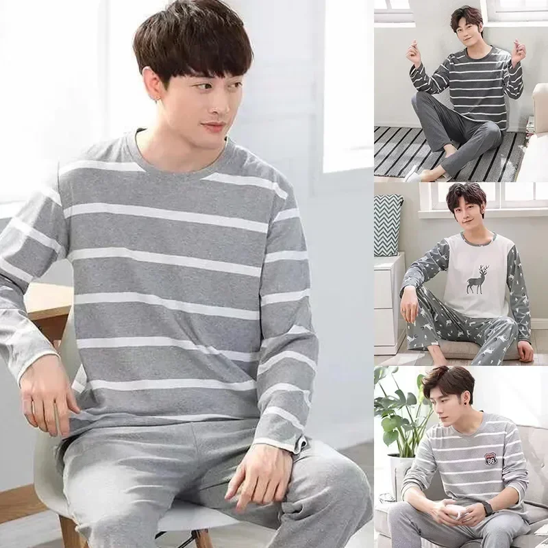Pijamas de manga larga de gran tamaño para hombres, conjunto juvenil, ropa de casa, pantalones finos, Otoño, nuevo, Primavera, 2 piezas