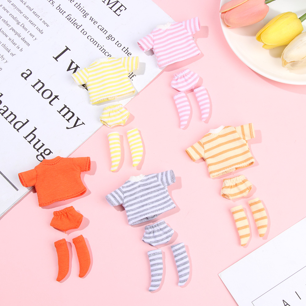 Ob11 Quần Áo Búp Bê Sọc Áo Áo Thun Quần Short Tất Phù Hợp Với Dệt Kim Áo Cho Mini 1/12 Búp Bê Dễ Thương Bất Ngờ Mặt Bé Trai Bé Gái quà Tặng
