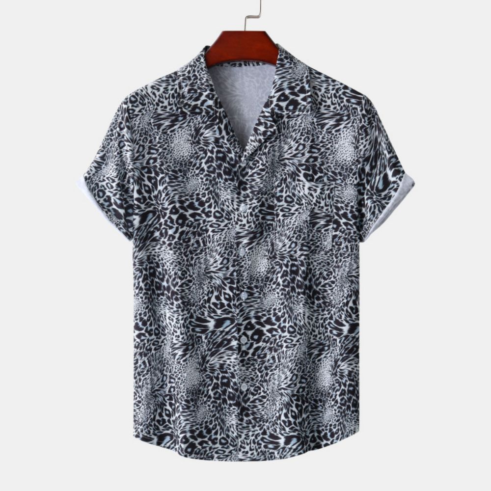 Camisa de manga corta de leopardo a la moda para hombre, camisa elegante holgada de gran tamaño con solapa, tendencia informal con botones, ropa para hombre