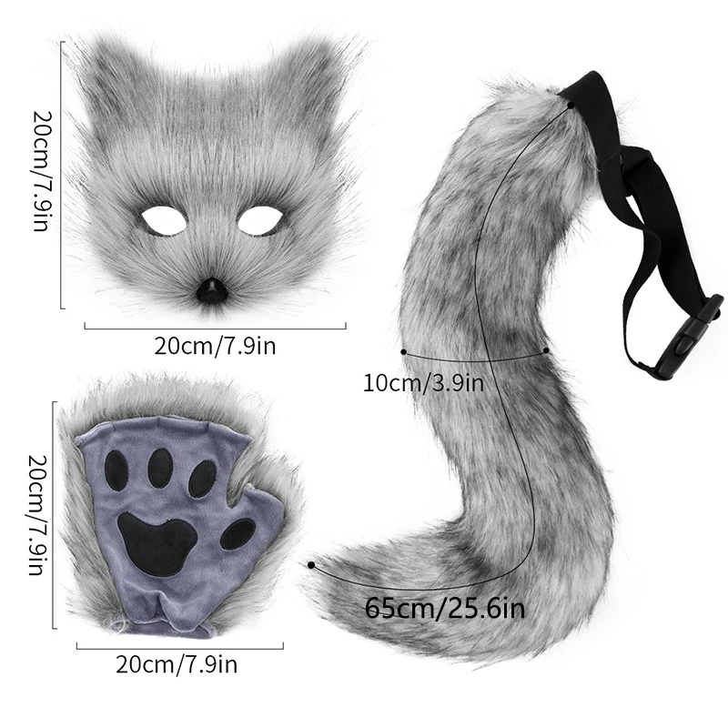 3pcs Fluffy Fur Fox Tail Keychain Cat Paws Gloves and Wolf Therian Mask Set for Halloween Cosplay Costume Accessories